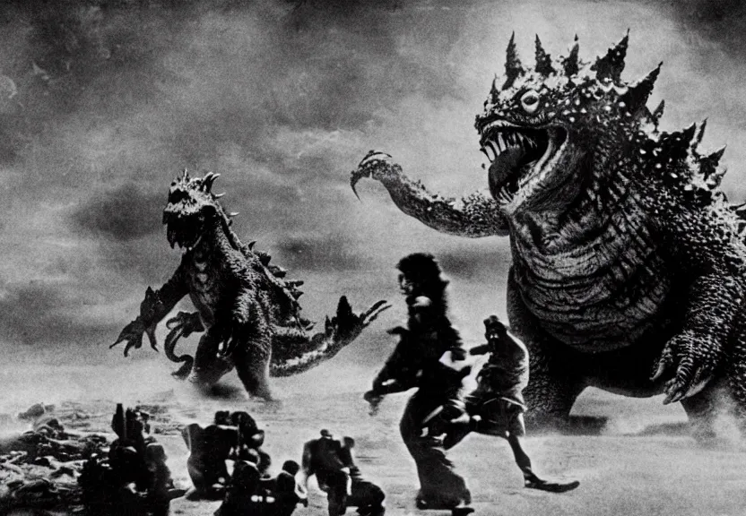 Prompt: a filmstill of pulgasari, kaiju starfish, monster movie, korean film noir, 1 9 5 0 s thriller, kim jong - il, in the style of rashomon and godzilla