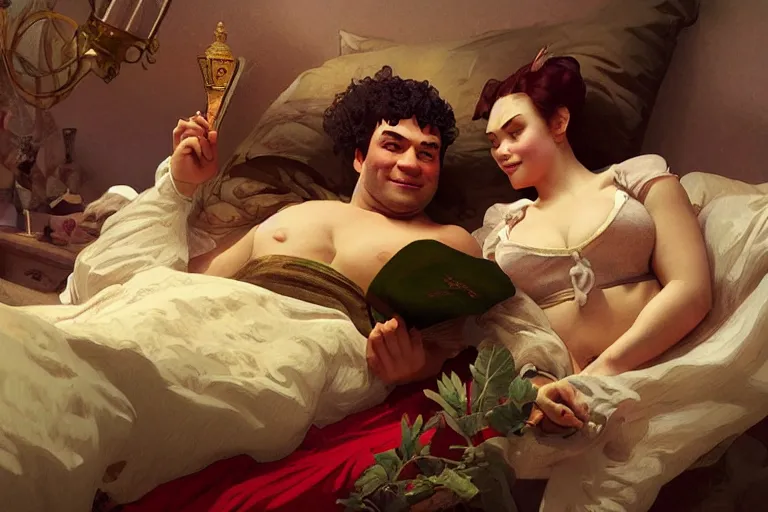 Prompt: russian poet alexander pushkin and shrek lying in bed together, portrait, highly detailed, digital painting, artstation, concept art, smooth, sharp focus, illustration, cinematic lighting, art by artgerm and greg rutkowski and alphonse mucha