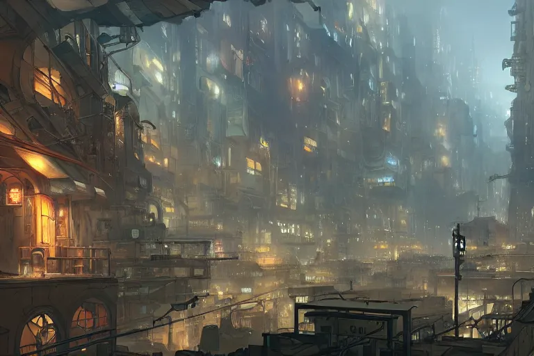 Image similar to concept art of a dieselpunk city, key visual, ambient lighting, highly detailed, digital painting, artstation, concept art, sharp focus, by makoto shinkai and akihiko yoshida and hidari and wlop