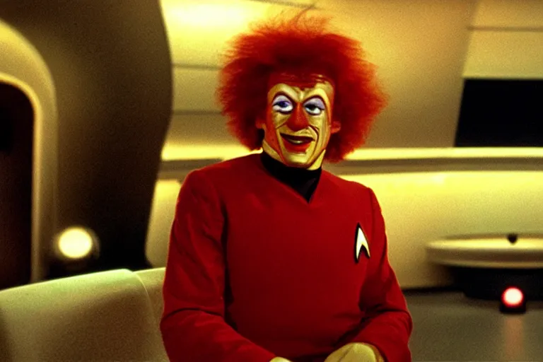 Prompt: A film still of Ronald McDonald in a Star Trek: The Next Generation, sitting in Ten Forward, dramatic lighting