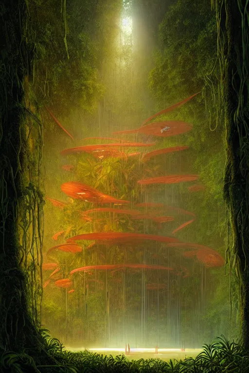 Prompt: a swampy tropical forest with red lightning bugs flying around a ancient mayan ruin designed by zaha hadid, tone mapped, shiny, intricate, cinematic lighting, highly detailed, digital painting, artstation, concept art, smooth, sharp focus, illustration, art by arthur haas and bruce pennington and john schoenherr