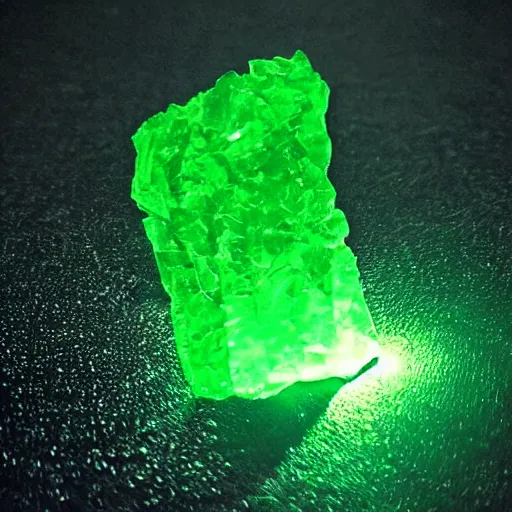 Image similar to a glowing shard of kryptonite held in an open black - gloved hand, night photography, pitch black, lit only by the green glow of the kryptonite