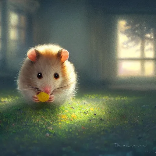 Prompt: A fuzzy little hamster eating a seed, yellow gradient ackground, extra detailed, digital illustration, by Makoto Shinkai and thomas kinkade, digital painting, Matte painting, trending on artstation and unreal engine