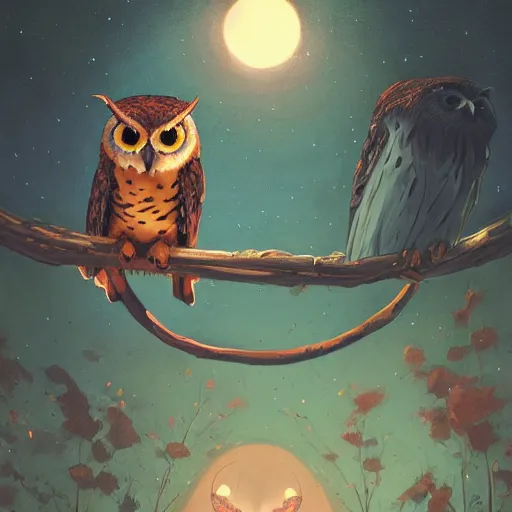 Prompt: long shot of a duo owl, duolingo, art by esao andrews, by james jean, marc simonetti, by victo ngai, humorous illustration, hyperrealistic, big depth of field, warm colors, night scenery, dim light, 3 d octane render, 4 k, tilt shift, conceptart, hyperdetailed, hyperrealistic, trending on artstation