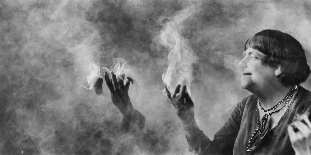 Prompt: 1 9 2 0 s spirit portrait photography of angela merkel with hay cloth in the dolomites, smoke from mouth, casting a root spell, inviting hand, witchy, wicca, by william hope, dark, eerie, grainy