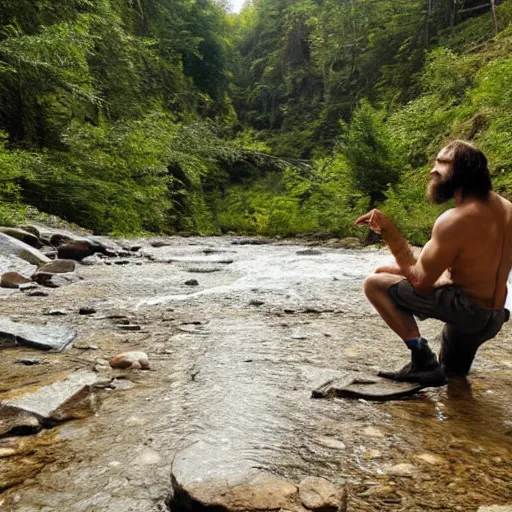 Prompt: a caveman kneeling down at a river, an looking at his own reflection