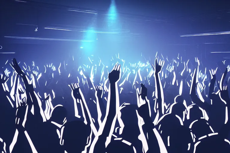 Image similar to crowd partying with their hands up at a club, volumetric lighting, haze, moving heads light beams, spot lights, discoball, dj on stage with raised hands, silhouette, digital art, trending on artstation, 4k, unreal engine, intricate, ornate
