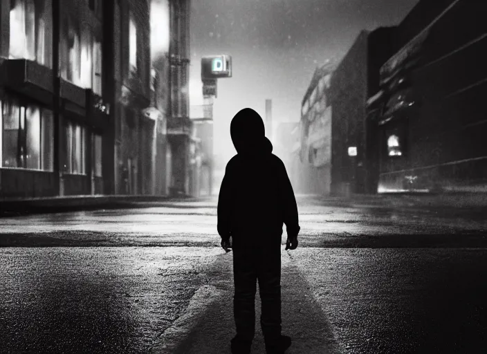 Image similar to boy from the back with a black hoodie staing at a white glowing angel in the sky, empty city street at night where there are only cars parked, heavy rain, dramatic lighting, cinematic, establishing shot, extremly high detail, photorealistic, cinematic lighting, post processed