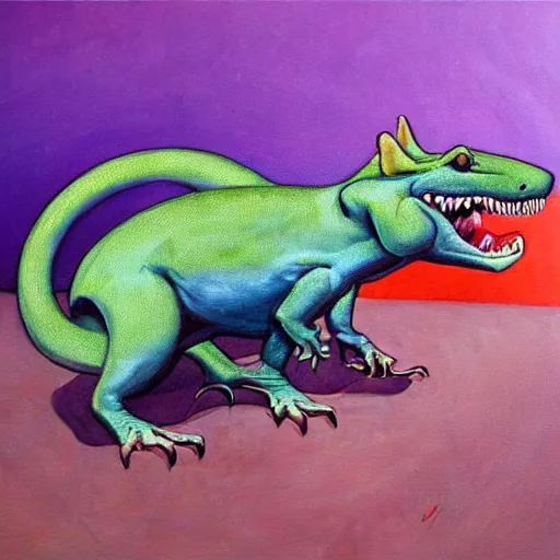 Image similar to dino rat, epic pose, fine painting