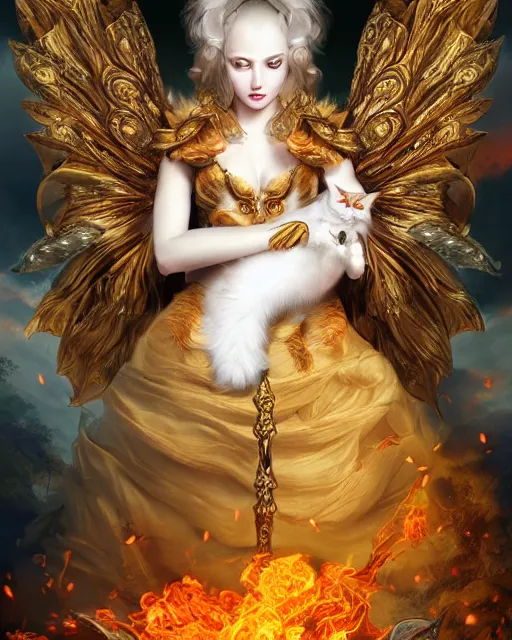 Prompt: amazing poster of detailed portrait digital rococo painting of a beautiful serious cat wearing fantasy clothing. the cat has black angel wings, evil mood, hellish battlefield in the background, unreal engine, embers flying, hyper realism, realistic shading, cinematic composition, blender render, octane render, ultrawide shot