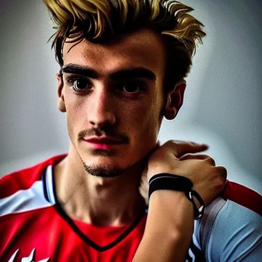 Image similar to “ a realistic detailed photo of a guy who is an attractive humanoid who is half robot and half humanoid, who is a male android, soccer player antoine griezmann, shiny skin, posing like a statue, blank stare, on the bed, on display ”