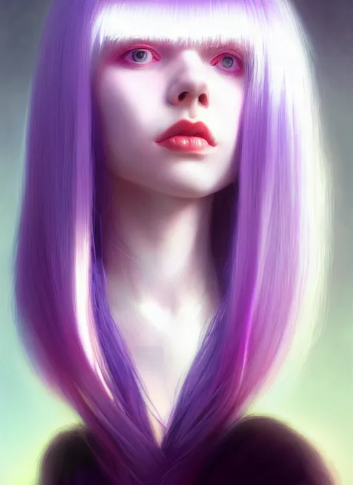 Image similar to hair whitebangs hair, black hair, whitebangs, portrait of teenage girl with white bangs, red irises, purple clothes, white bangs, bangs are different color from hair, intricate, elegant, glowing lights, highly detailed, digital painting, artstation, concept art, smooth, sharp focus, illustration, art by wlop, mars ravelo and greg rutkowski