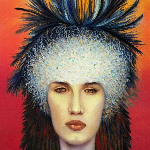 Image similar to a head covered in feathers, oil on canvas