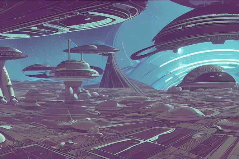 Image similar to a scifi illustration, hyper detailed external view of a space colony. aerial view. establishing shot. epic composition. flat colors, limited palette in FANTASTIC PLANET La planète sauvage animation by René Laloux