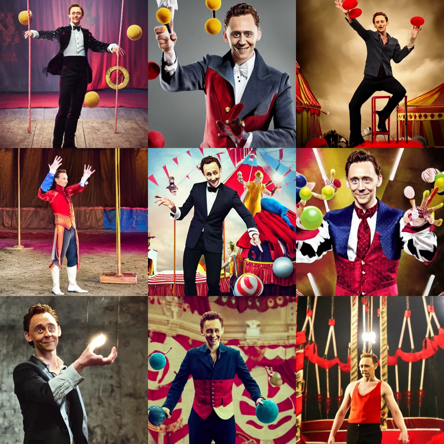 Prompt: Tom Hiddleston as a juggler in a circus