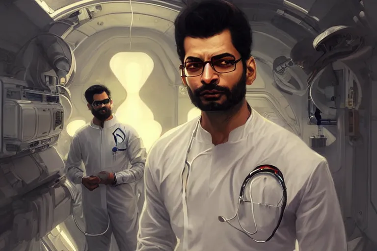 Image similar to Sensual good looking pale young Indian doctors wearing Deus Ex clothing in a space station above Earth, portrait, elegant, intricate, digital painting, artstation, concept art, smooth, sharp focus, illustration, art by artgerm and greg rutkowski and alphonse mucha