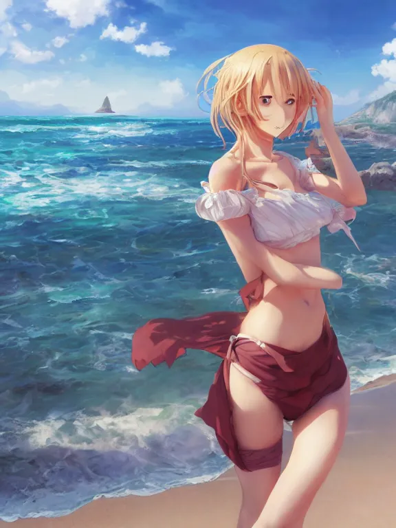 Image similar to An anime portrait of a smiling woman on the beach near the ocean, by Stanley Artgerm Lau, WLOP, Rossdraws, James Jean, Andrei Riabovitchev, Marc Simonetti, and Sakimi chan