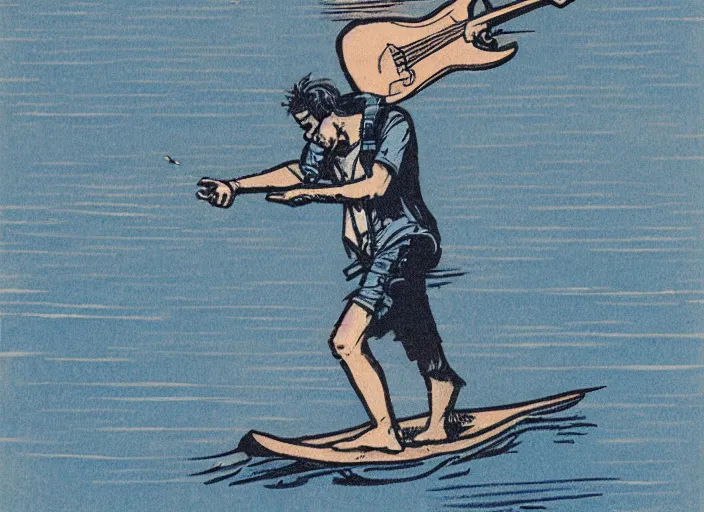 Prompt: blue woodcut print, cartoon 5 0 s hipster playing a fender telecaster on the ocean, walking on water by greg rutkowski, fine details, highly detailed