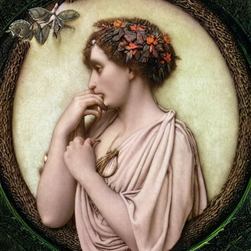 Image similar to hyperrealistic detailed portrait of ivory beautiful demonic witch, art by ernst haeckel, john william godward, hammershøi, alphons mucha, pontormo, ornamental, decorative, art nouveau pattern, deep pastel colors,