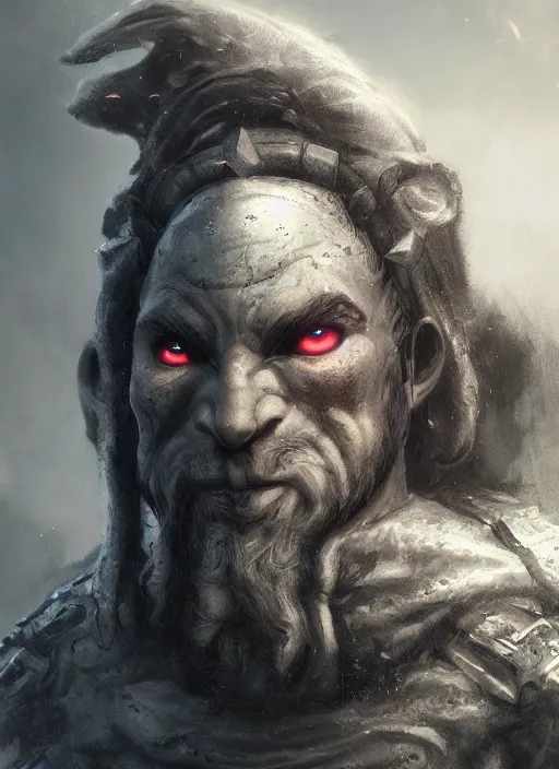 Image similar to A fantasy comic book style portrait painting of a gray dwarf with white eyes as a warrior in a atmospheric dark fortress, unreal 5, DAZ, hyperrealistic, octane render, RPG portrait, ambient light, dynamic lighting