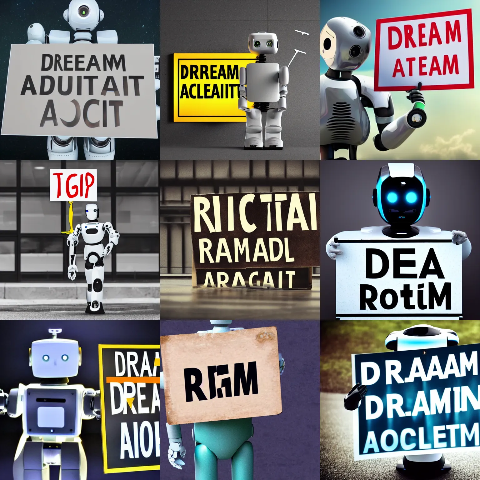 Image similar to realistic high quality photo of artificial intelligence robot holding a sign with text that reads : dream