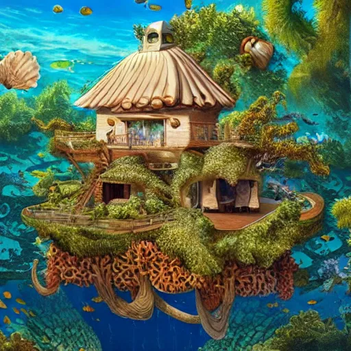 Prompt: underwater architecture treehouse style mansion made of seashells and coral on reef background with sunshine rays from above detailed oil painting 4 k