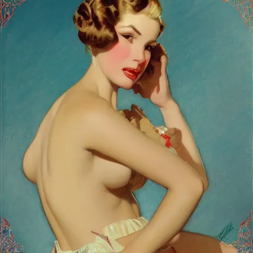 Image similar to portrait of a beautiful woman, intricate, elegant, highly detailed, by gil elvgren, greg manchess, mucha