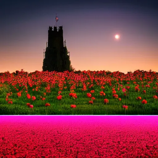 Image similar to a photo of a field of roses with a dark tower in the center. night landscape. 4 k. national geographic. high detail. soft colors. tender photo