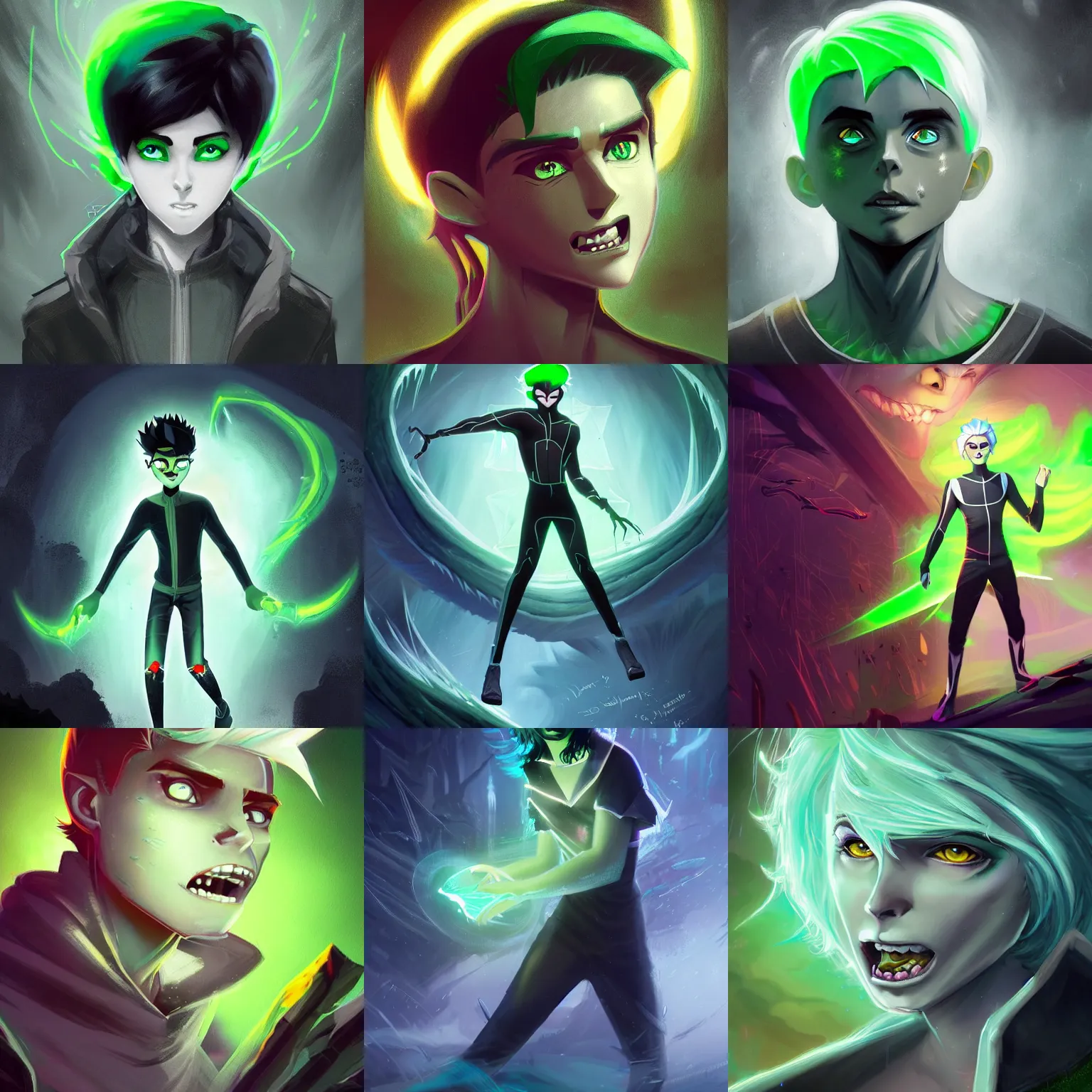 Image similar to A digital matte intricate illustration concept art of young Danny phantom with snow white hair and glowing green eyes, pointy sharp teeth fangs alt art fashion inspired art by Charlie Bowater and WLOP and Mark Arian and Ross Tran + neon colors, symmetry , intricate complexity, epic composition, magical atmosphere, highly detailed, cinematic lighting + masterpiece, trending on artstation + 8k