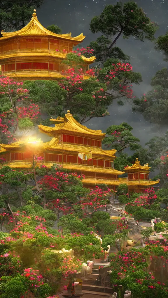 Prompt: gorgeous golden chinese palace, cg rendering chinese style, overlooking, mythology, fairyland, surrounded by roses, rose path. rose bushes, clear and bright roses, lighting effects, dreams, starry sky, super details, illustrations, 1 6 k unreal engine, ethereal clouds. moon palace, hd 1 6 k processing,, hd