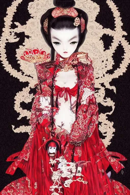 Image similar to avant - garde japanese bjd geisha vampire queen in victorian red dress in the style of dark - fantasy lolita fashion painted by yoshitaka amano, takato yamamoto, james jean, dmt art, symmetrical vogue face portrait, volumetrics, intricate detail, artstation, cgsociety, artgerm, gold skulls, rococo