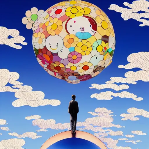 Image similar to a man walking on clouds above kyoto by takashi murakami, beeple and james jean, aya takano color style, 4 k, super detailed