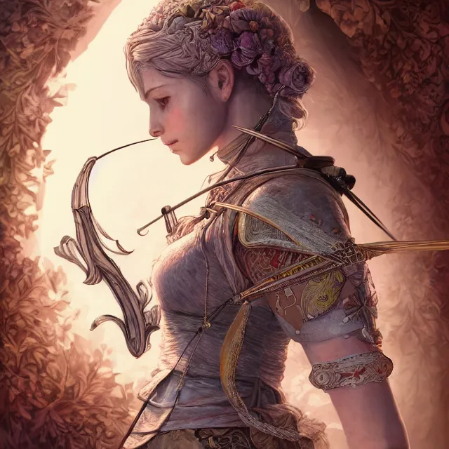 Image similar to the portrait of lawful neutral semi - colorful female archer huntress as absurdly beautiful, gorgeous, elegant, young woman, an ultrafine hyperdetailed illustration by kim jung gi, irakli nadar, intricate linework, bright colors, octopath traveler, final fantasy, unreal engine 5 highly rendered, global illumination, radiant light, detailed and intricate environment