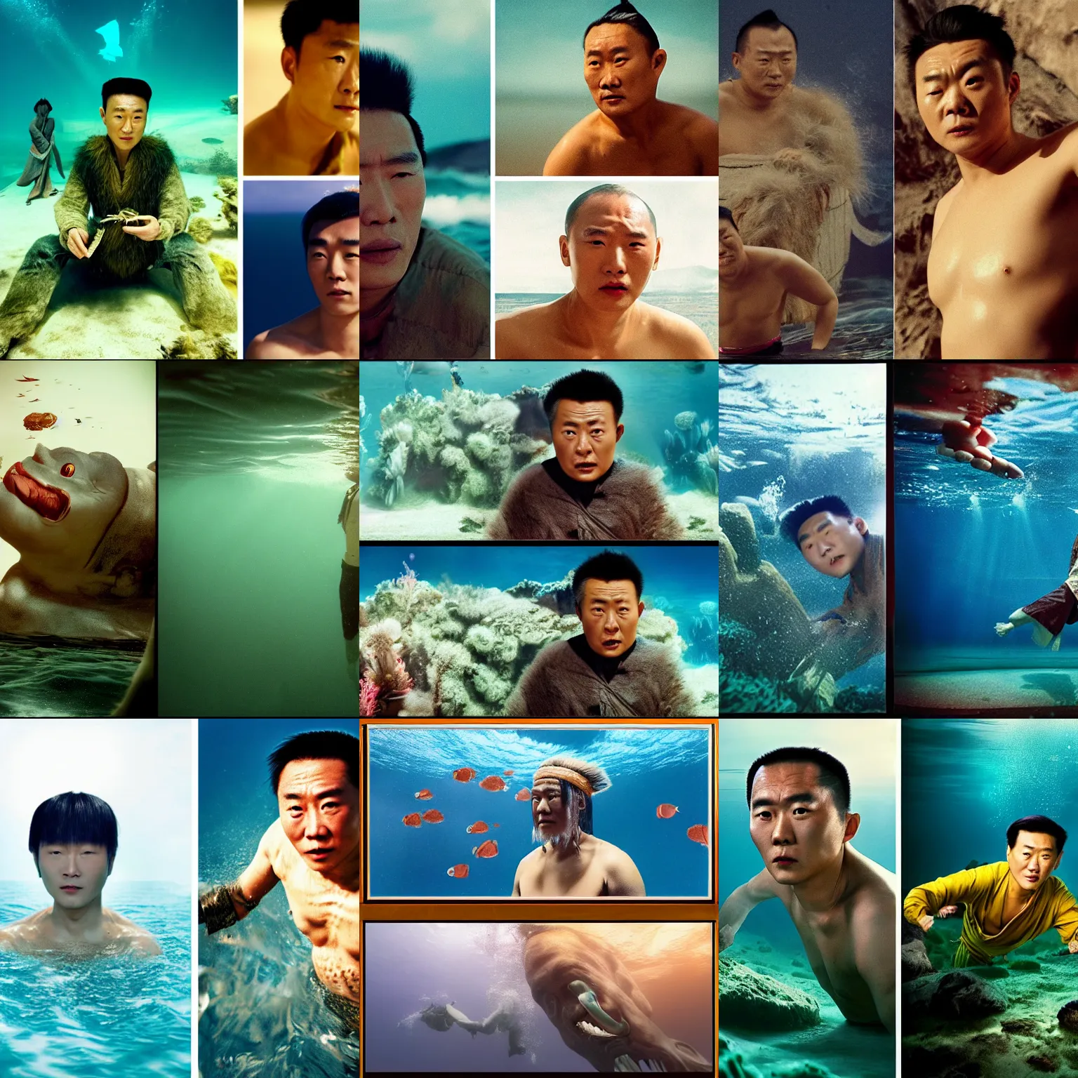 Prompt: Kodak portra 160, 4K, split screen: famous chinese actor in low budget kon-tiki movie remake, underwater scene