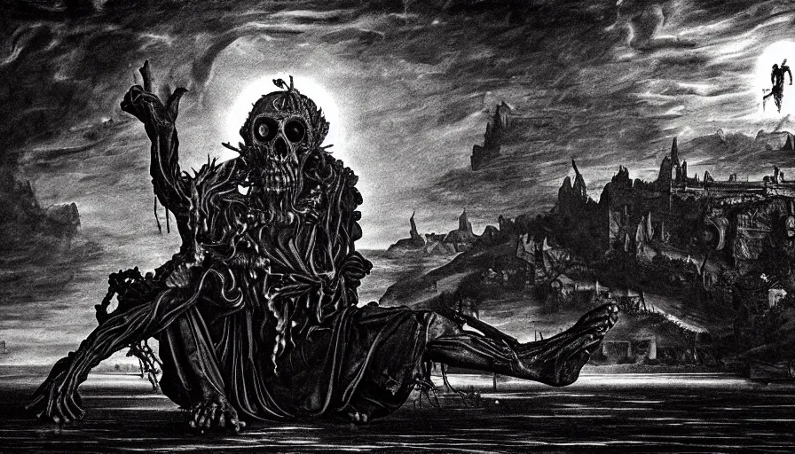 Image similar to highly detailed dark rotting god sit on the tron, night, death, fear, horror, religion, monochrome, caravaggio, hyperrealism, detailed and intricate environment