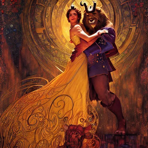 Image similar to portrait of the beast from beauty and the beast. fantasy painting by gaston bussiere craig mullins jc leyendecker gustav klimt artgerm greg rutkowski john berkey, bergey, craig mullins, ruan jia, raymond swanland, tom lovell