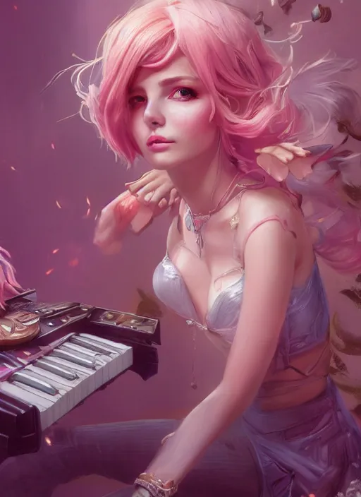 Prompt: seraphine, from league of legends, pink hair, musical keyboard, hyper detailed, digital art, trending in artstation, cinematic lighting, studio quality, smooth render, unreal engine 5 rendered, octane rendered, art style by klimt and nixeu and ian sprigger and wlop and krenz cushart