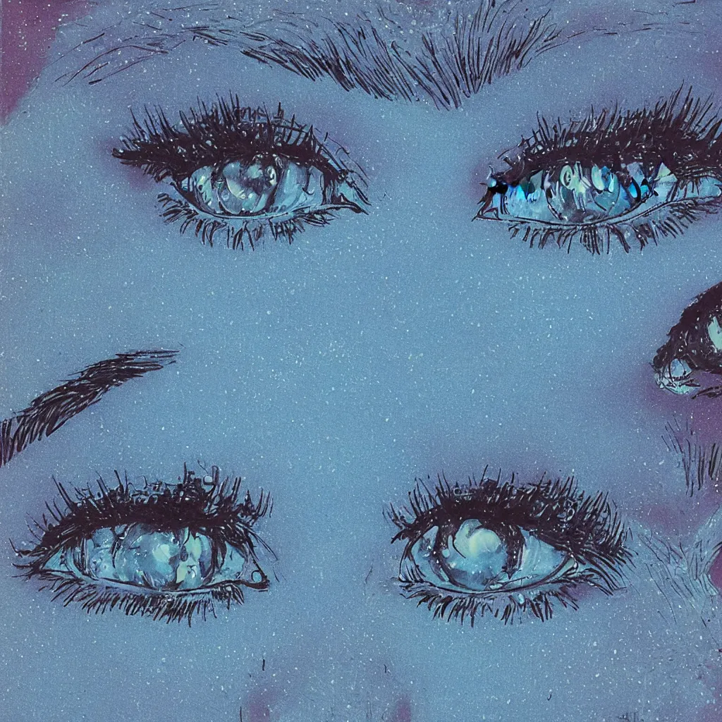 Prompt: 1 9 8 0 s professional airbrush illustration of eyes and crystals on a blue background