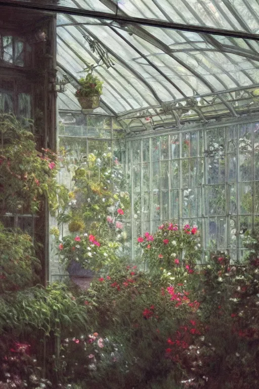 Prompt: a beautiful painting of a greenhouse, beside the window, rainy, downpour, gloomy and depressed, dark, low saturation, rococo, by krenz cushart and mucha and monet, trending on artstation.