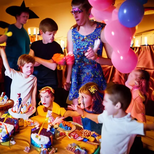 Prompt: satanic ritual at childs birthday party, photography, realism, cinematic