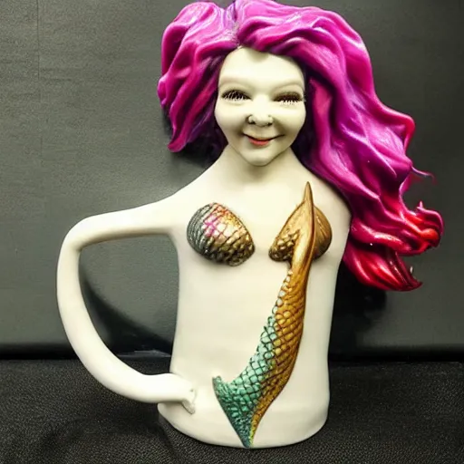 Image similar to an amazing ceramic realistic mermaid sculpture mug, creative, beautiful, award winning design, functional, colorful