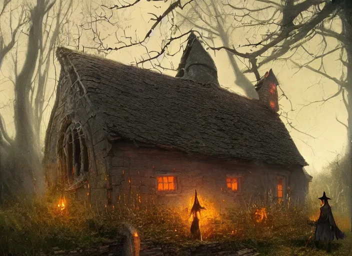 Prompt: the cottage of a Witch, scarecrow, a fantasy digital painting by Greg Rutkowski and James Gurney, trending on Artstation, highly detailed