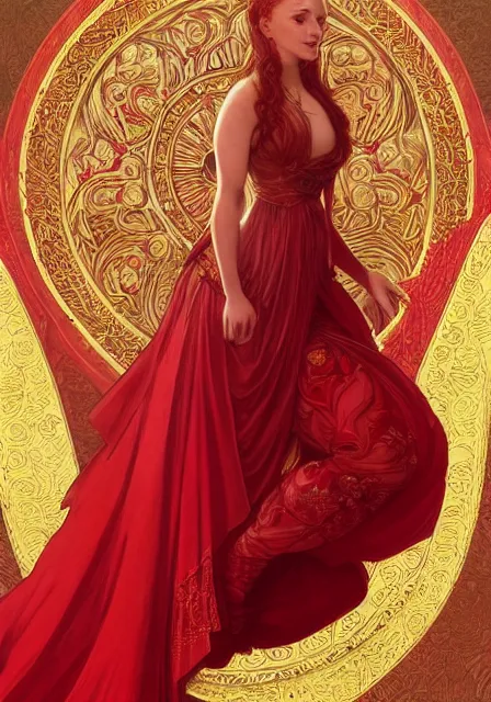 Image similar to sansa stark in red and gold, intricate, elegant, highly detailed, digital painting, artstation, concept art, smooth, sharp focus, illustration, art by artgerm and greg rutkowski and alphonse mucha and william - adolphe bouguereau