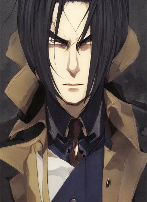 Prompt: portrait illustration by shigenori soejima, handsome male vampire, focus on face, pretty, cinematic lighting, painterly, long black hair, dark blue shirt and light brown trenchcoat