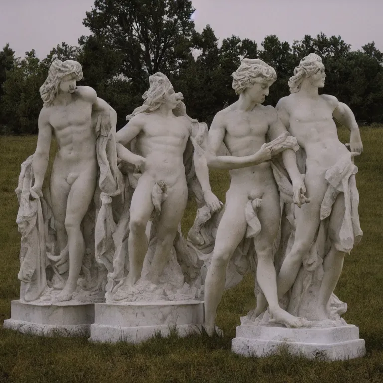 Prompt: marble statues in a field, film photo, soft lighting album cover, nostalgia, gradient