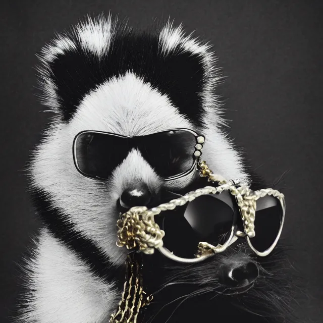 Prompt: a black and white studio portrait of a humanoid skunk wearing sunglasses and gold chains. Tri-X art photography.