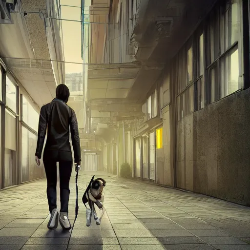 Prompt: Full lenght view contamporary art photography of ultra mega super hyper realistic girl walking with a dog . Photo on Leica Q2 Camera, Rendered in VRAY and DaVinci Resolve and MAXWELL and LUMION 3D, Volumetric natural light. Wearing cyberpunk suit with many details by Hiromasa Ogura .Rendered in VRAY and DaVinci Resolve and MAXWELL and LUMION 3D, Volumetric natural light