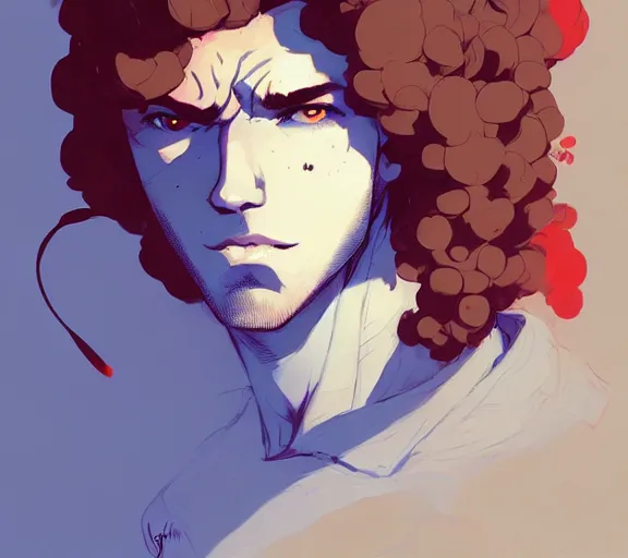 Image similar to portrait man with red curly hair and bright eyes, by atey ghailan, by greg rutkowski, by greg tocchini, by james gilleard, by joe fenton, by kaethe butcher, by ashley wood, dynamic lighting, gradient light blue, brown, blonde cream and white color scheme, grunge aesthetic