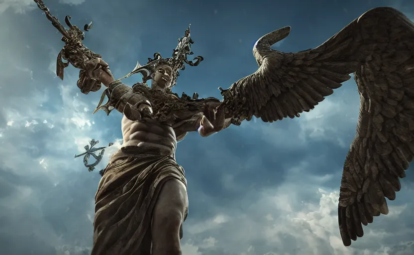 Prompt: holy angel holding a massive grotesque broadsword while flying above a battleground, ultra realistic vfx, reflections, 3 d render, unreal engine, octane render, ray tracing, unity, highly detailed, high quality, hd