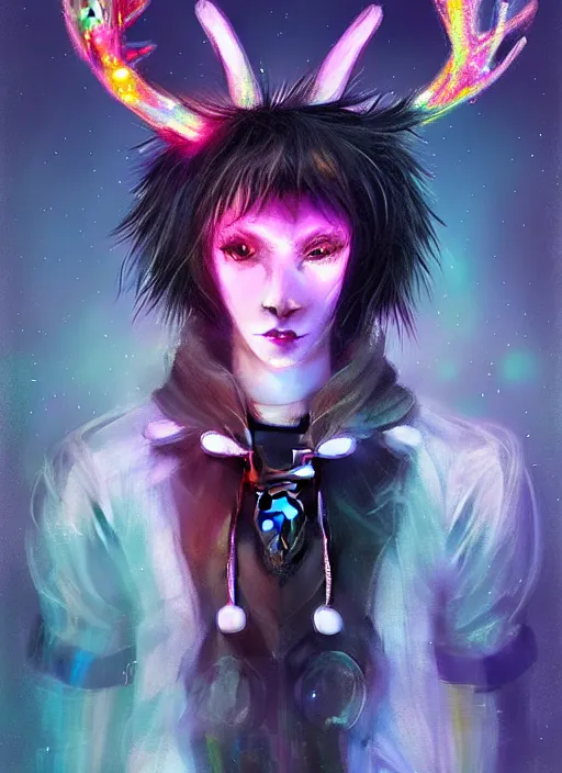 Image similar to award winning beautiful portrait commission of a male furry anthro Black Reindeer cyberpunk fursona with a tail, wings, wings, wings and a cute beautiful attractive detailed furry face wearing a crown, stylish black and rainbow galaxy clothes, outline, in a cyberpunk city at night while it rains. Character design by charlie bowater, ross tran, artgerm, and makoto shinkai, detailed, inked, western comic book art